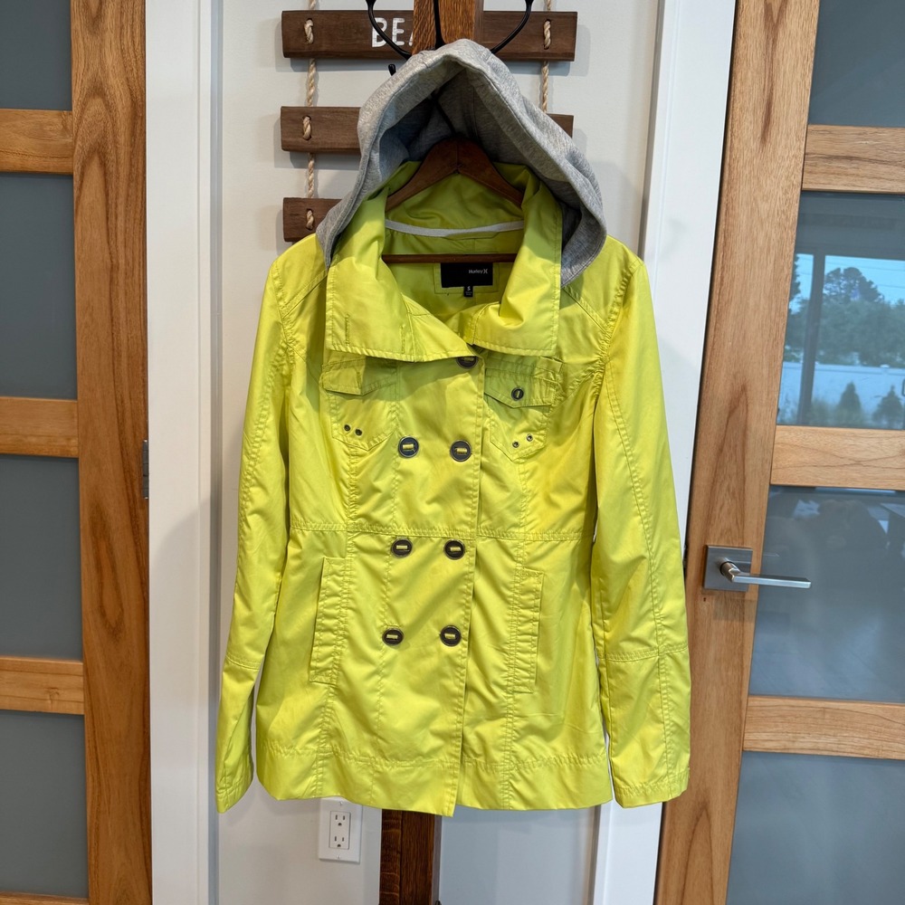 Hurley Neon Green/Yellow Double Breasted Hooded Full Zip Jacket Womens Small EUC